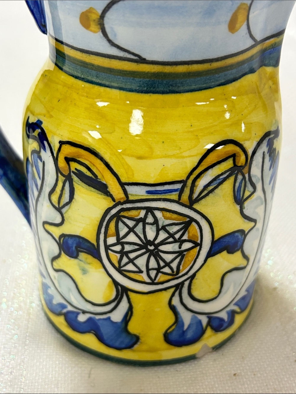 Hand-Painted Yellow and Blue Ceramic Pitcher - Decorative Home Art image 6